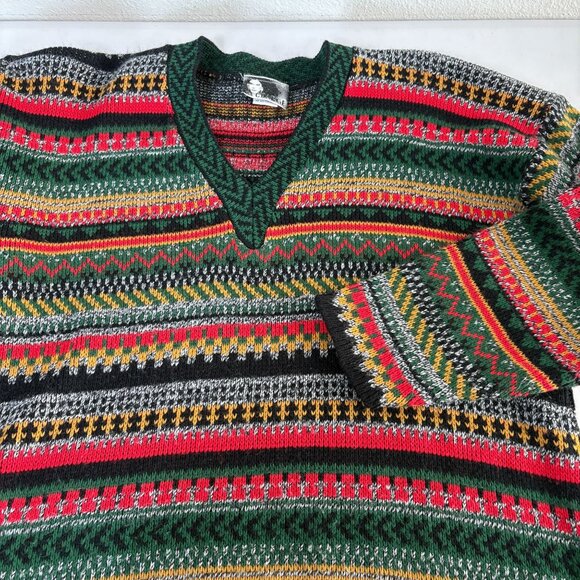 In Charge Vintage Sweater Womens L Red Green Gold Striped V Neck Holiday USA - Picture 7 of 11